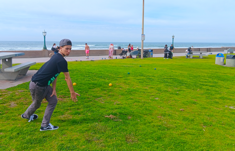 Ben Faust playing a round of bocce on free skate friday